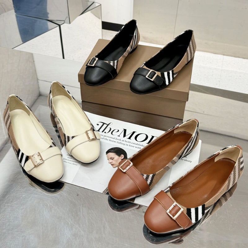 Leather Flats Designer Check Shoes Cotton Ballerina Shoe Women Dress Sandals Classic With Box 657