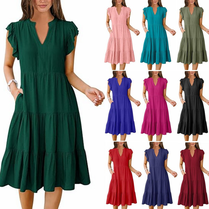 G616Women&#039;s V-neck lotus leaf sleeve mid-length stitching large swing pocket dress