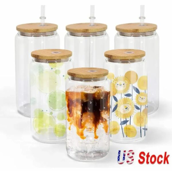 2 Days Delivery Sublimation Glass Beer Mug with Bamboo Lids And Straw DIY Blanks Frosted Clear Mason Can Tumblers Cocktail Iced Coffee Soda