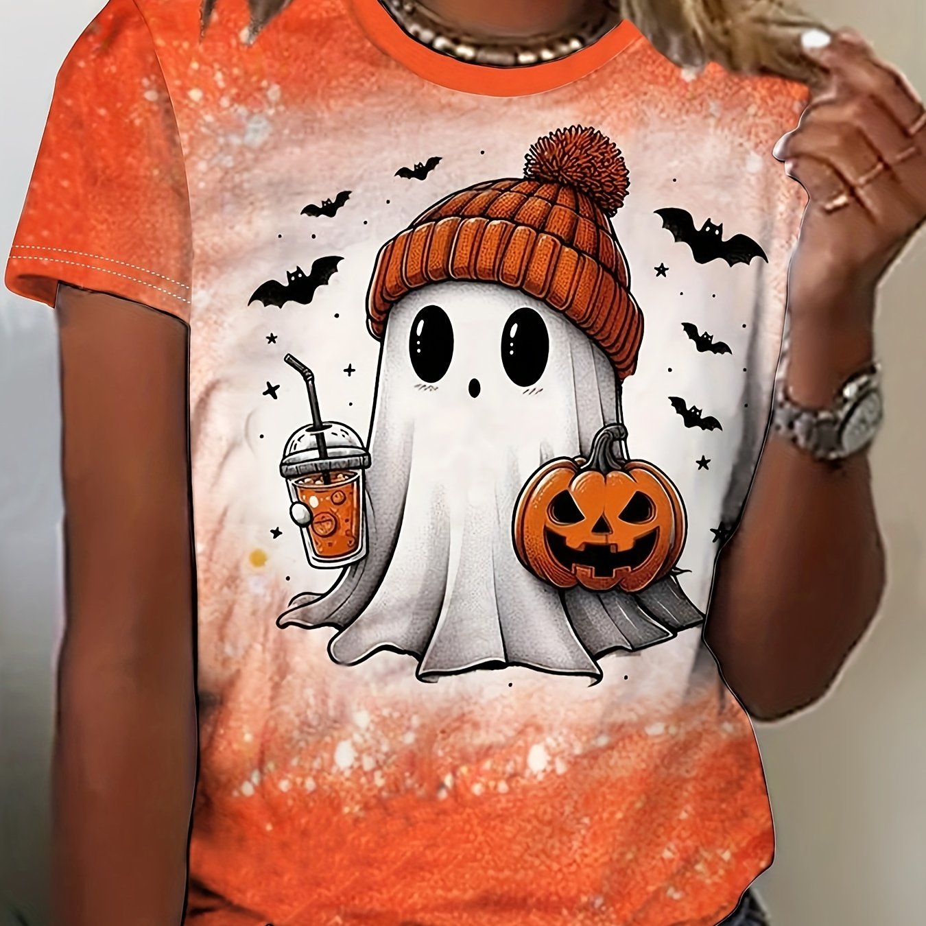 TEMU Women's Halloween T-shirt - Cute With Pumpkin & , Casual Loose Fit Short Sleeve Round Neck Top, Machine Washable For Spring Summer Daily Wear &