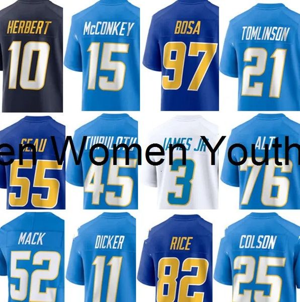 Chargers Jersey LaDainian Tomson Junior Seau Justin Herbert Joey Bosa J.K. Dobbins Gus Edwards Quentin Johnston Derwin James Jr. Ladd McConk