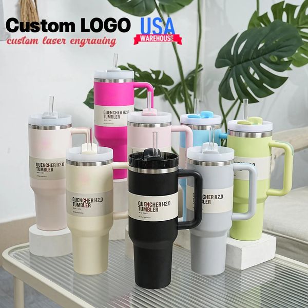 US Stock Mugs New 40oz H2.0 With Handle Insulated Tumblers Lids Straw Stainless Steel Coffee Termos Cup