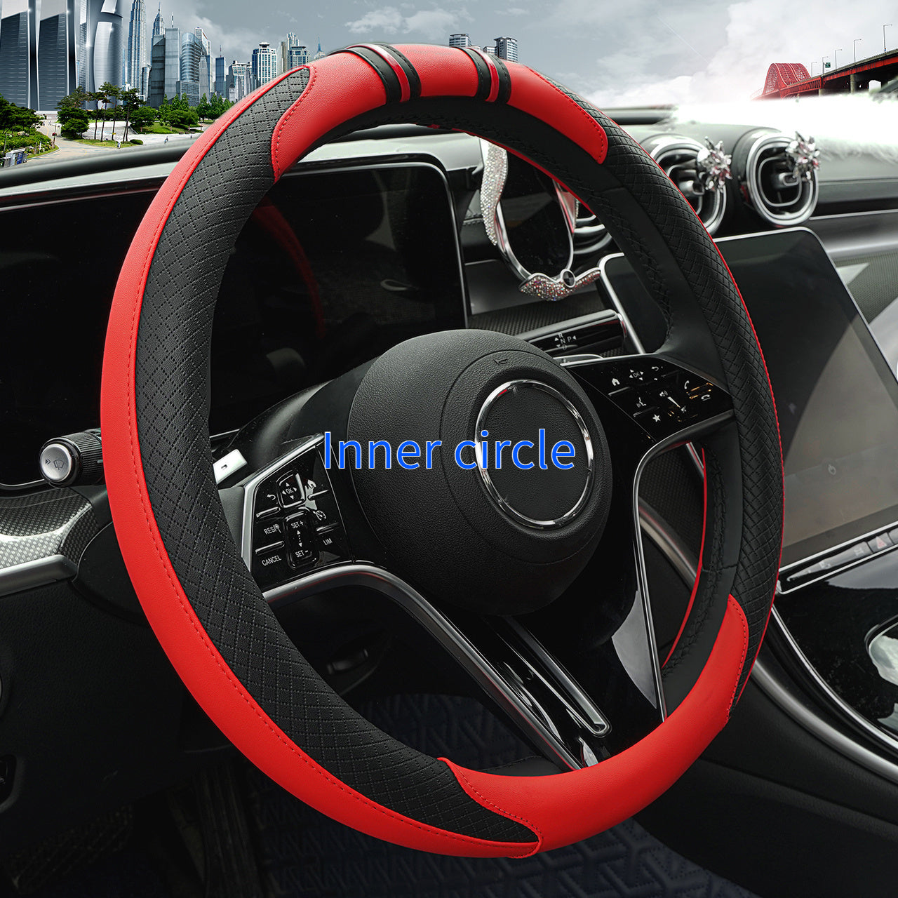 TEMU Yjhztrix Split-color Steering Wheel Cover - Carbon Fiber Pattern Pu Leather With Grip, Anti-slip Durable -season Use, Easy To Clean (black-red),