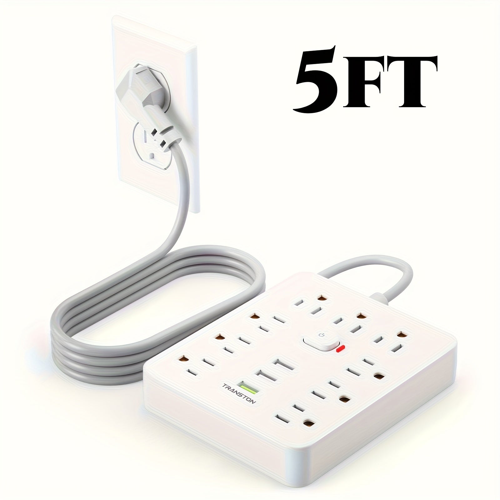 TEMU Power Strip Protector With 9 Ac Outlets, 3 Usb Ports - 5ft Cable, 45° Tilt Plug, For Devices, Black, Power Strip Protector, Home Electrical