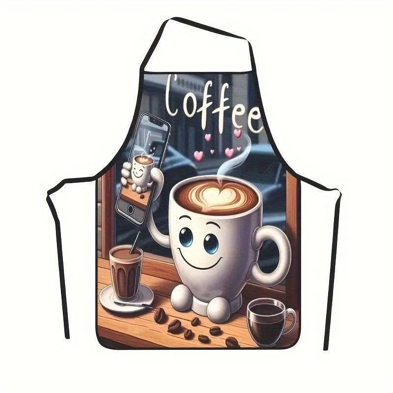 TEMU Coffee-themed Apron With Cute Cartoon Design - Durable Polyester, Adjustable Neck Strap, Cooking, Parties, Festivals, And Home Use, Coffee Bar
