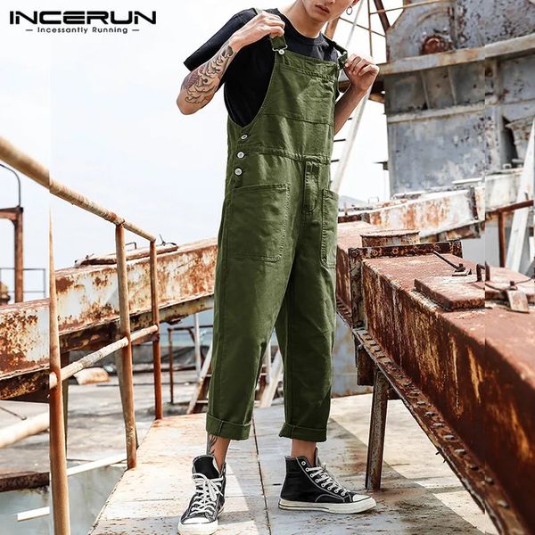 INCERUN mens bib pants jumpsuit solid runner fashion casual multi pocket street clothing suspension cargo jacket mens jumpsuit 250109
