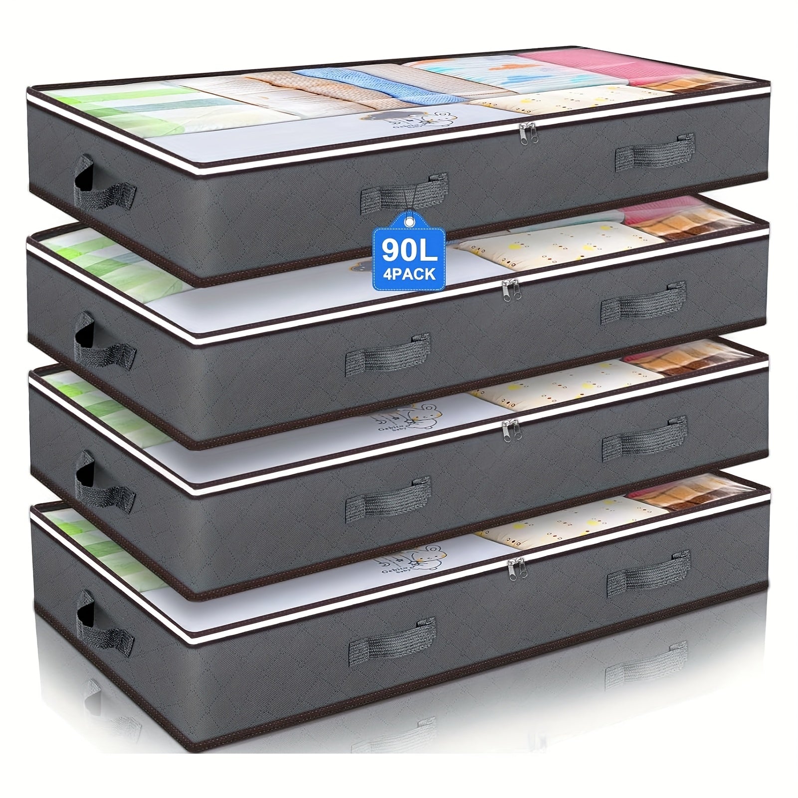 TEMU 4 Pack 90l Under Bed Storage Containers With Secure Zipper Closure, Foldable Fabric Storage Bins For Blankets, Clothing, Comforters -