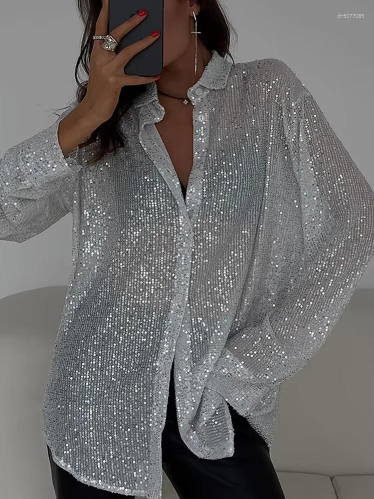 Women&#039;s Blouses 2025 Trendy Plus Size Sequin Sparkle Shirt - Vintage Collared Loose Fit Long Sleeve For Spring