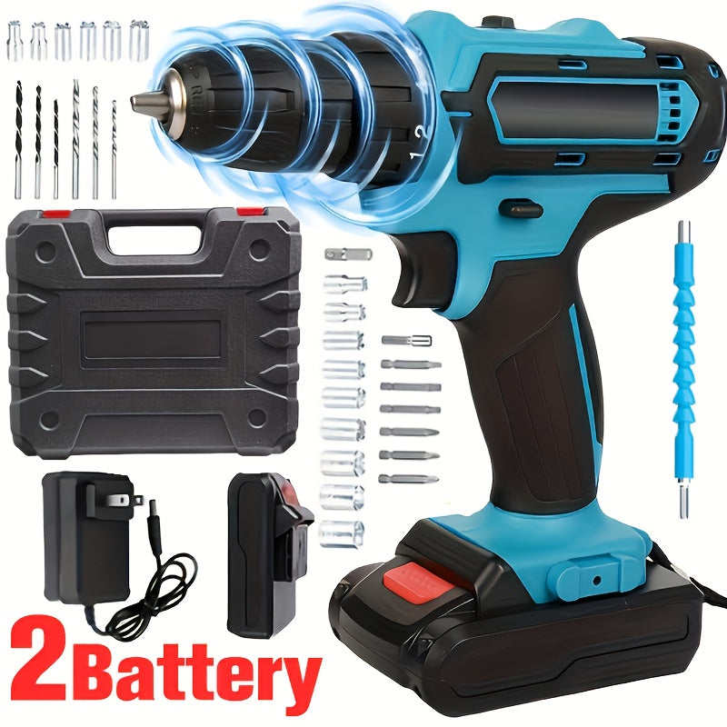 TEMU Yellow-blue 36vf Rechargeable Drill Bit, Us , 2 Batteries And Charger, With Drill, Led Lighting, Portable Power Tools, Screwdriver, Metal, Wood,