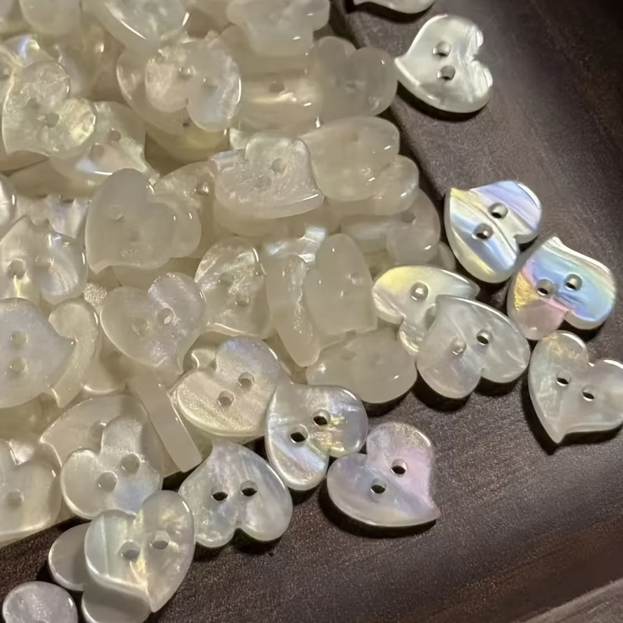 TEMU 12pcs Iridescent Heart-shaped Buttons - Double-hole White Resin, Mixed Colors, Glossy Finish, Sweater & Shirt Decorations, Diy Crafts & Sewing