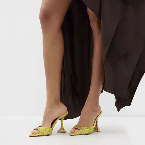 Summer Silk Pointed Wine glass peep toe Mules Super high heel Crystal Dinner Word slippers Large size