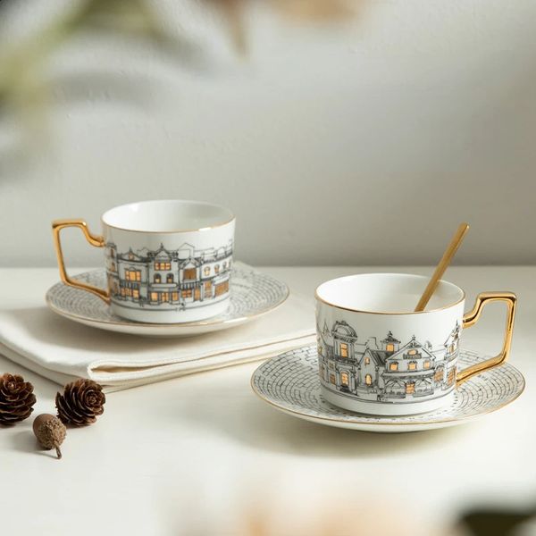 European Town Phnom Penh Ceramic Coffee Cup and Plate Set Retro Afternoon Tea Highend Bone Porcelain Mugs Cups 240729