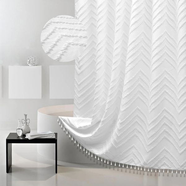 1 Bohemian shower curtain tassel woven fabric waterproof bathroom with hooks modern accessories 240828