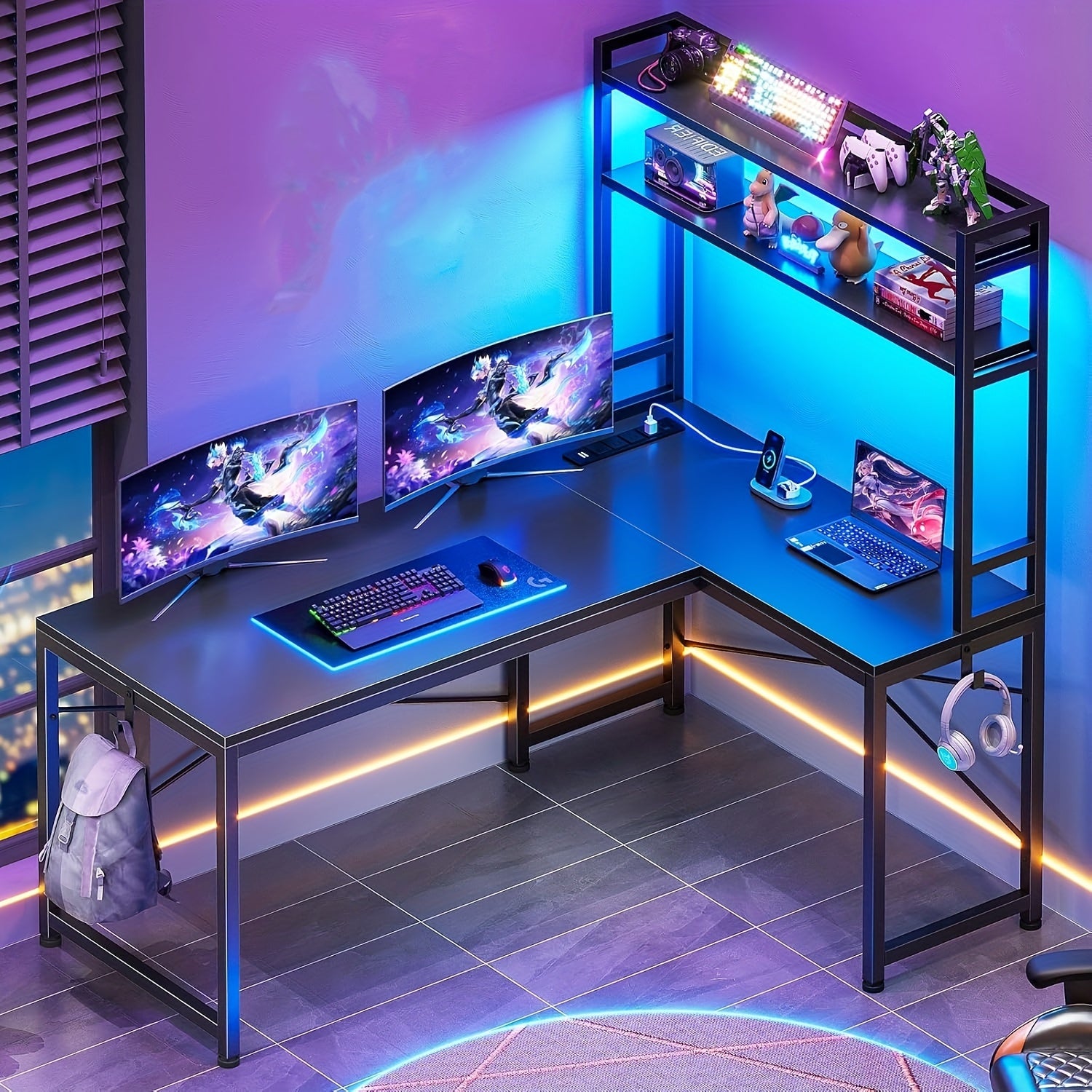 TEMU Modern Black L-shaped With Rgb Led Lighting, Storage Shelves & Hooks – Reversible 45.3" For Gaming, Home Office, Or Spa Setup, App-controlled