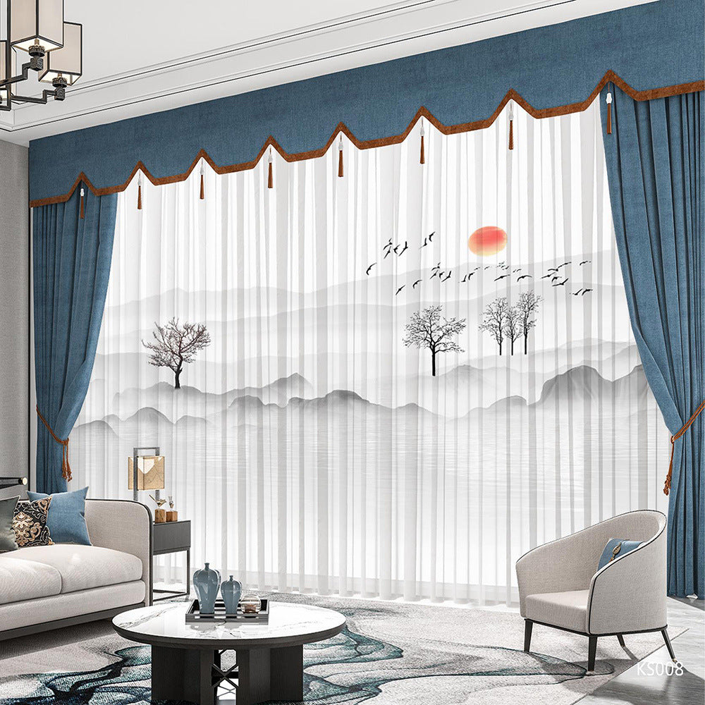 YL-36677 Modern New Chinese Style Ink Painting Landscape Living Room Study High-end Bedroom Famous Hotel Curtain Zen Gauze Curtain