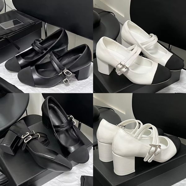 2025--new designer dress shoes women chunky heels pumps loafers round toe pumps shoes two straps square crystal buckle ballets pumps metal b