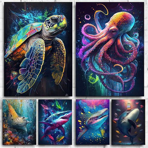 Colorful marine wildlife sharks seahorses octopuses turtles posters canvases paintings abstract animal walls art living rooms home decor W25