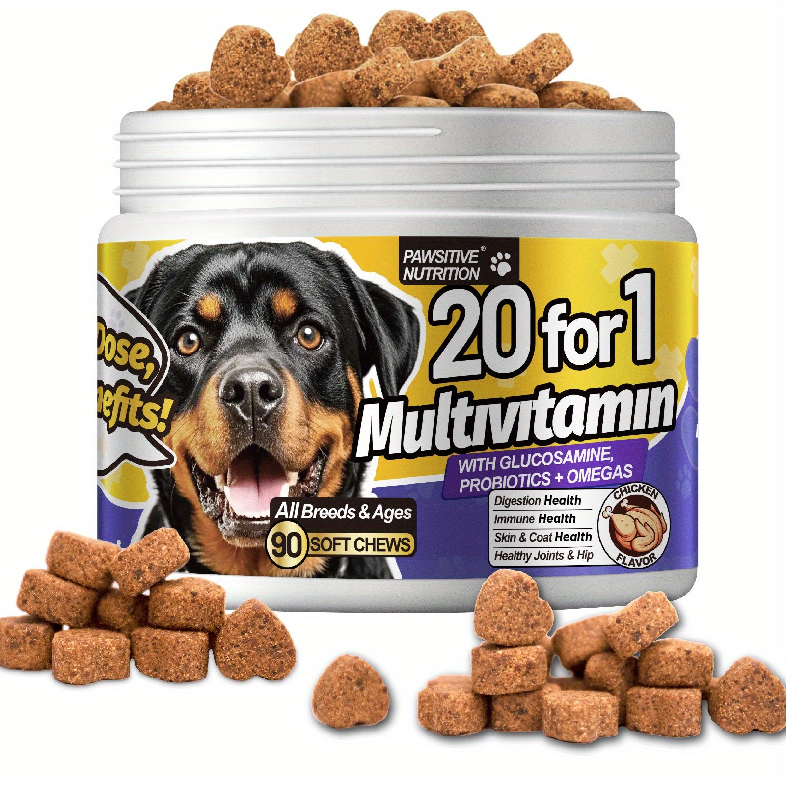 TEMU Nutrition 20-in-1 Multivitamin Dog Treats For , & Heart Health - , Probiotics, Fish Oil - Chicken Flavor, 90 Count, Suitable For All Breeds,
