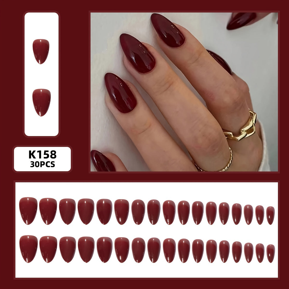 TEMU 30pcs Short Almond Shaped Press-on Nails Set, Glossy Finish, Red Line Tone, Simple Elegant Design For Women