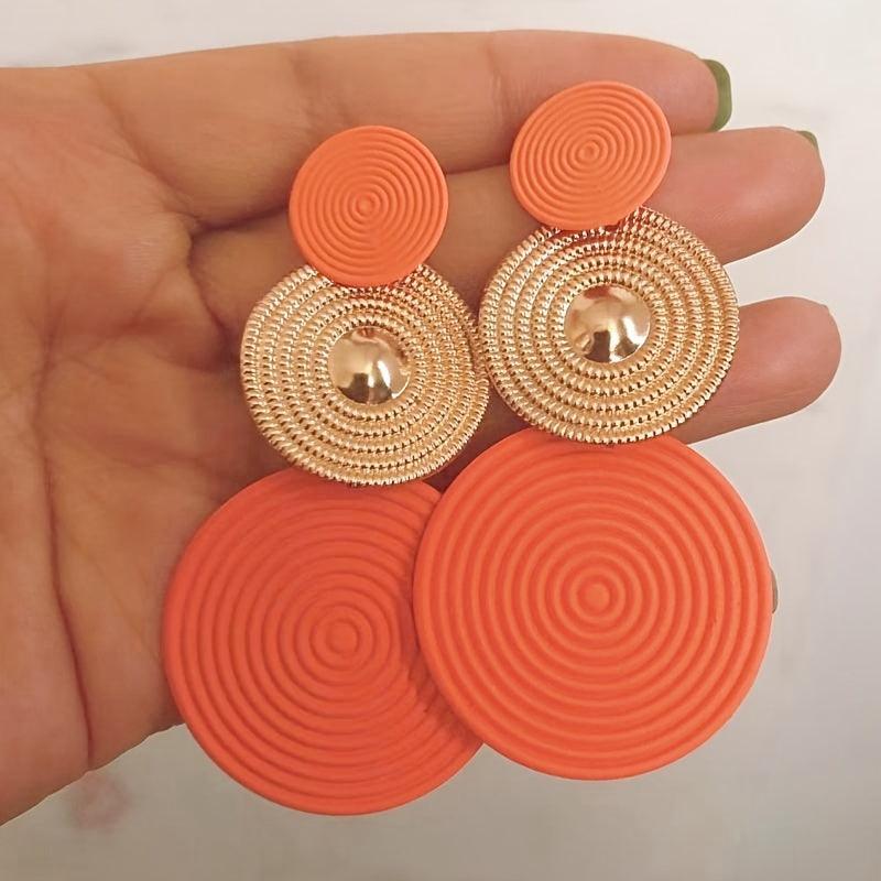 TEMU 1pc Geometric Dangle Earrings - Contrasting Color Round Design, Bohemian & Luxurious Style, Copper-plated Lightweight Earrings For Casual Attire