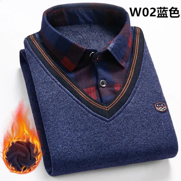 autumn and winter mens wool shirt collar sweater fashionable plaid solid thick warm wool high-quality casual version 241007