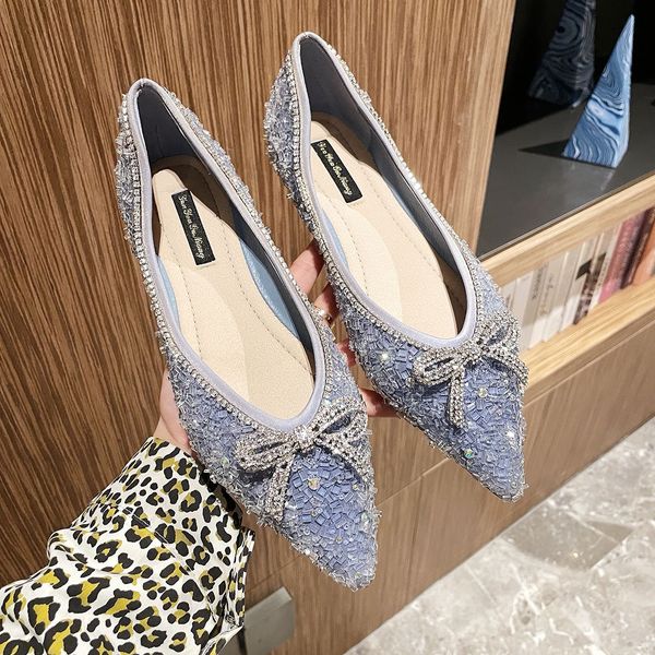 7AF5C Woman Crystal Beauty Wedding Bowtie Glitter Glitters Ballet Flats de boca rasa Rhie Rhie Shoes planos fêmeas mocassins