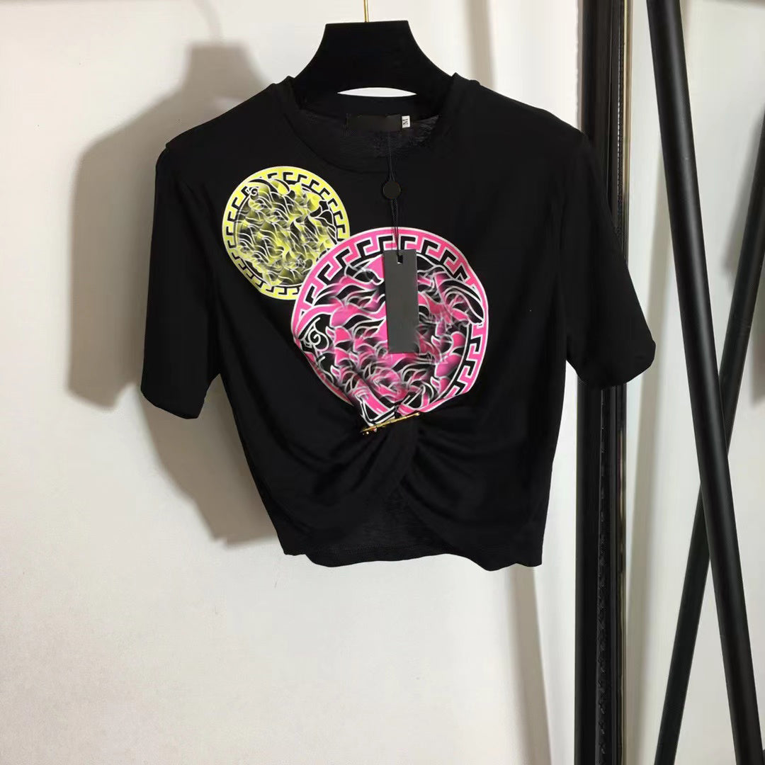 22 Designers T-shirts Fashion T Shirts Women Chest color Letter Shirt A portrait printing Pin tucked waist short sleeved T-shirt Casual Luxurys verc