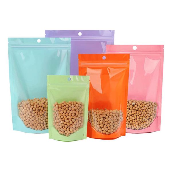 Colorful Plastic Stand Up Packaging Bags Seal Clear Display Front With Hole For Cookies Snack Food Coffee Bean Dried Fruit Kernels Sugar Jew