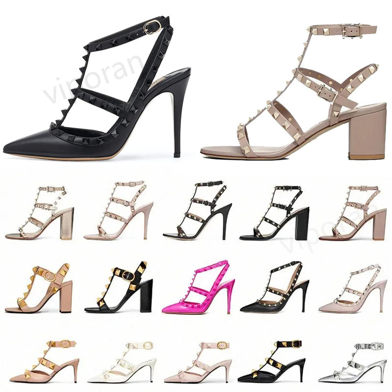 Designer High Heels Dress shoes Rock Fashion Luxury Stud Metal Women Sandals Lady Luxury Stiletto Peep-Toe Pointed Toes Heel Office Loafers rivet sp