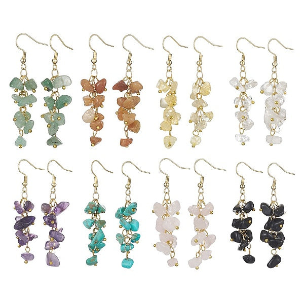 8 Pair 8 Style Natural & Synthetic Mixed Gemstone Chips Dangle Earrings Set
