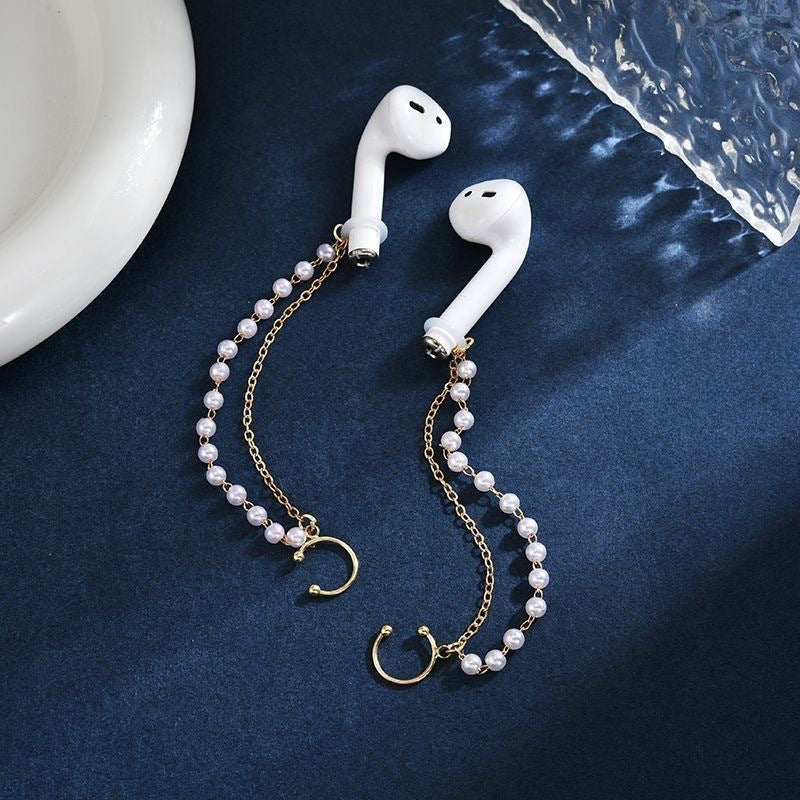 TEMU 1 Pair Golden-tone Double-layer Pearl & Bead Anti-loss Earphone Clips For Women - Stylish Earbud Locator With Secure Clip, Elegant Jewelry