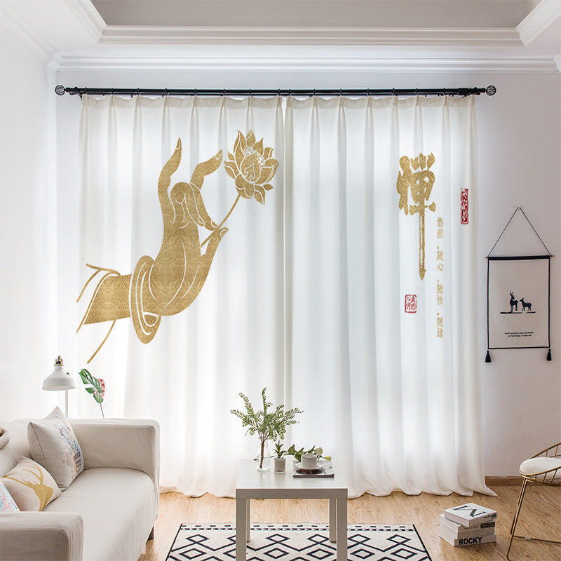 YL-36644 whole house curtain new Chinese style Zen Zen style lotus Buddha hand study tea room living room health blackout window gauze