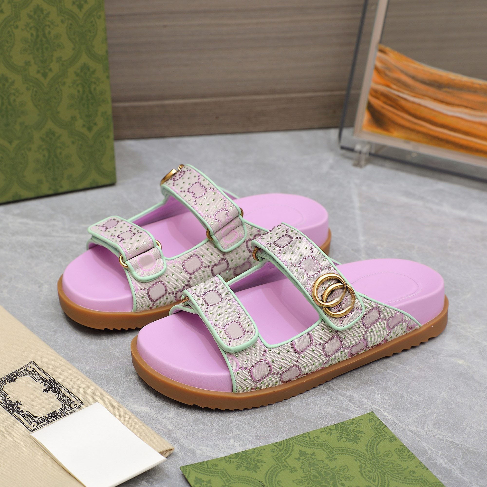 Premium Quality Women Slides Sandals Designer Crystals Dad Sandals With Two Strap Denim Slippers Classic Leather Beach Slippers Lady Metal Logo Slid