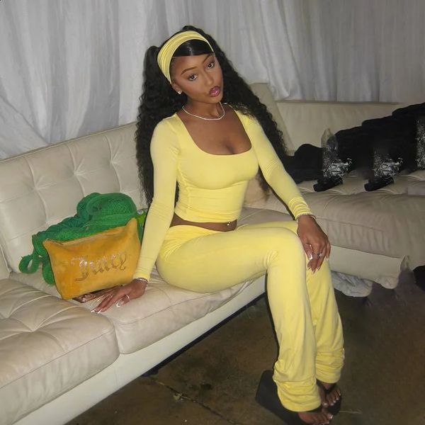 Fashion Soild Womens Set Long Sleeve Yellow U Neck Shirt and Flared Pants Elegant Tracksuits Two 2 Piece Set Outfits 250108