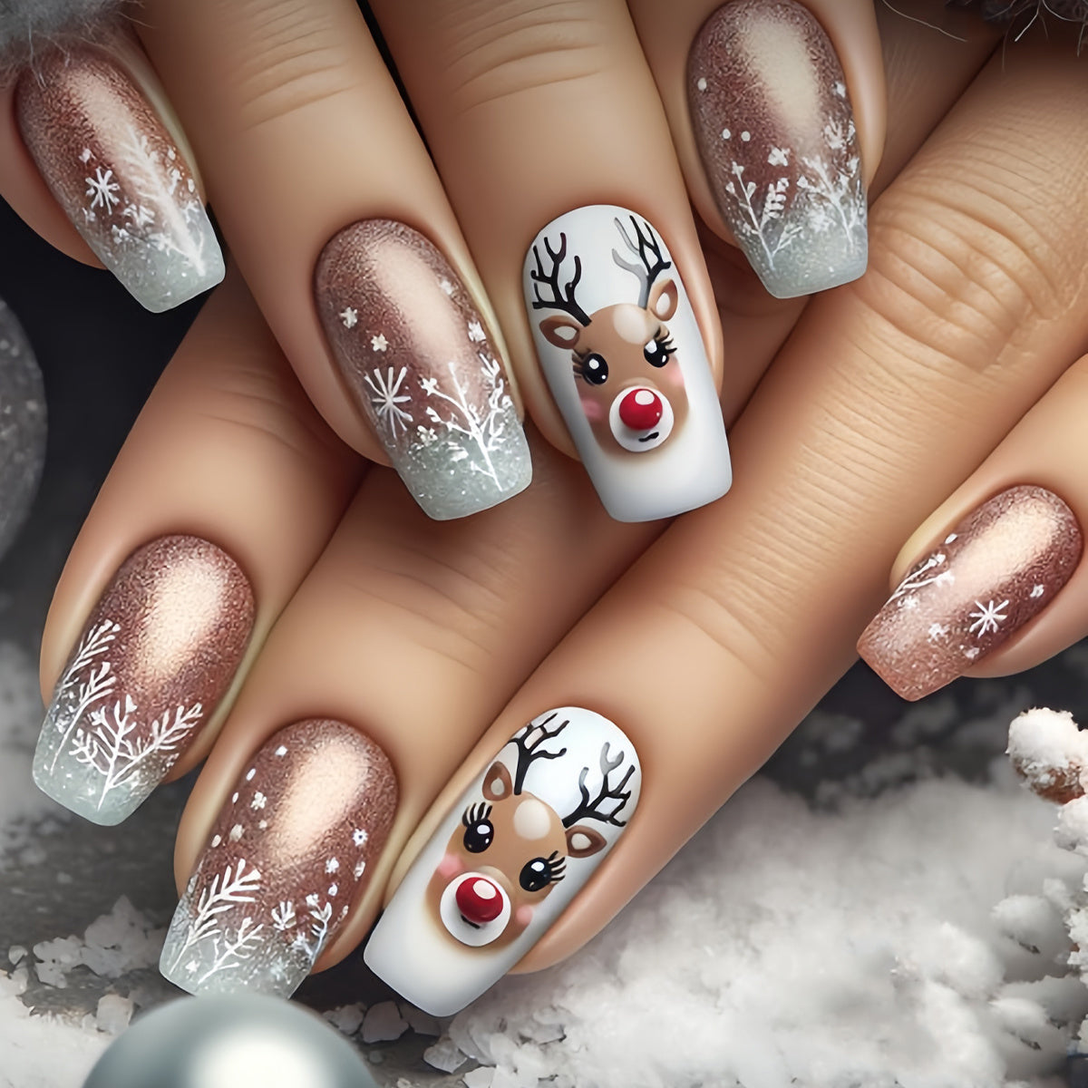 TEMU Enhance Your Beauty 24pcs Medium Square Christmas Elegant Glossy Press-on Nails With Snowflake Reindeer Stripes, French Style Fashionable