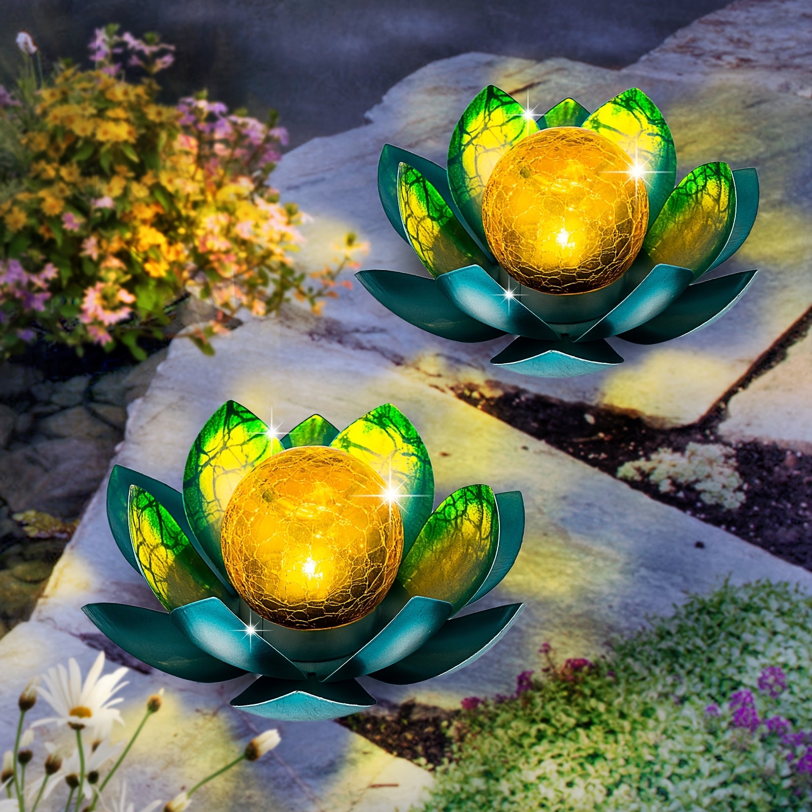 TEMU 2pcs Solar-powered For Lotus Lights Outdoor-indoor - Auto Solar Garden Lights With Cracked Glass Globes, Floral Decor For Patio, Lawn, Desk - ,