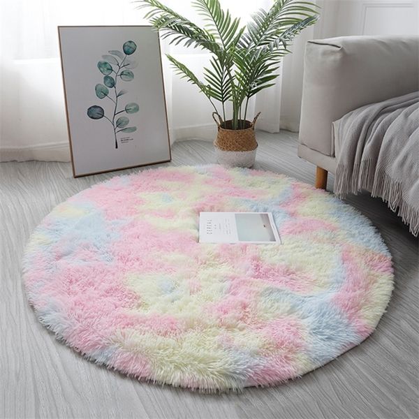 Carpets Round Plush Shaggy Fluffy Rugs for Living Room Bedroom Floor Mats Bedside Area Rainbow Soft Kids Mat 220906