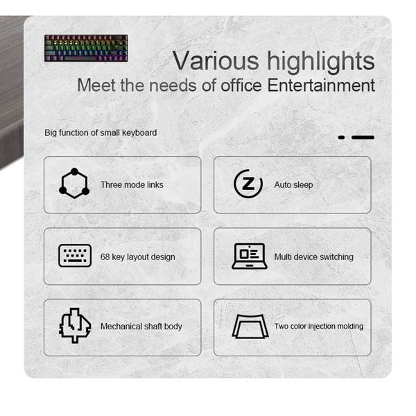 RF68 68 Keys Mechanical Keyboard Rainbow-Blue-White Backlight Type-C-BT5.0-2.4GHz Wireless Gaming Keyboards For iPad Desktop