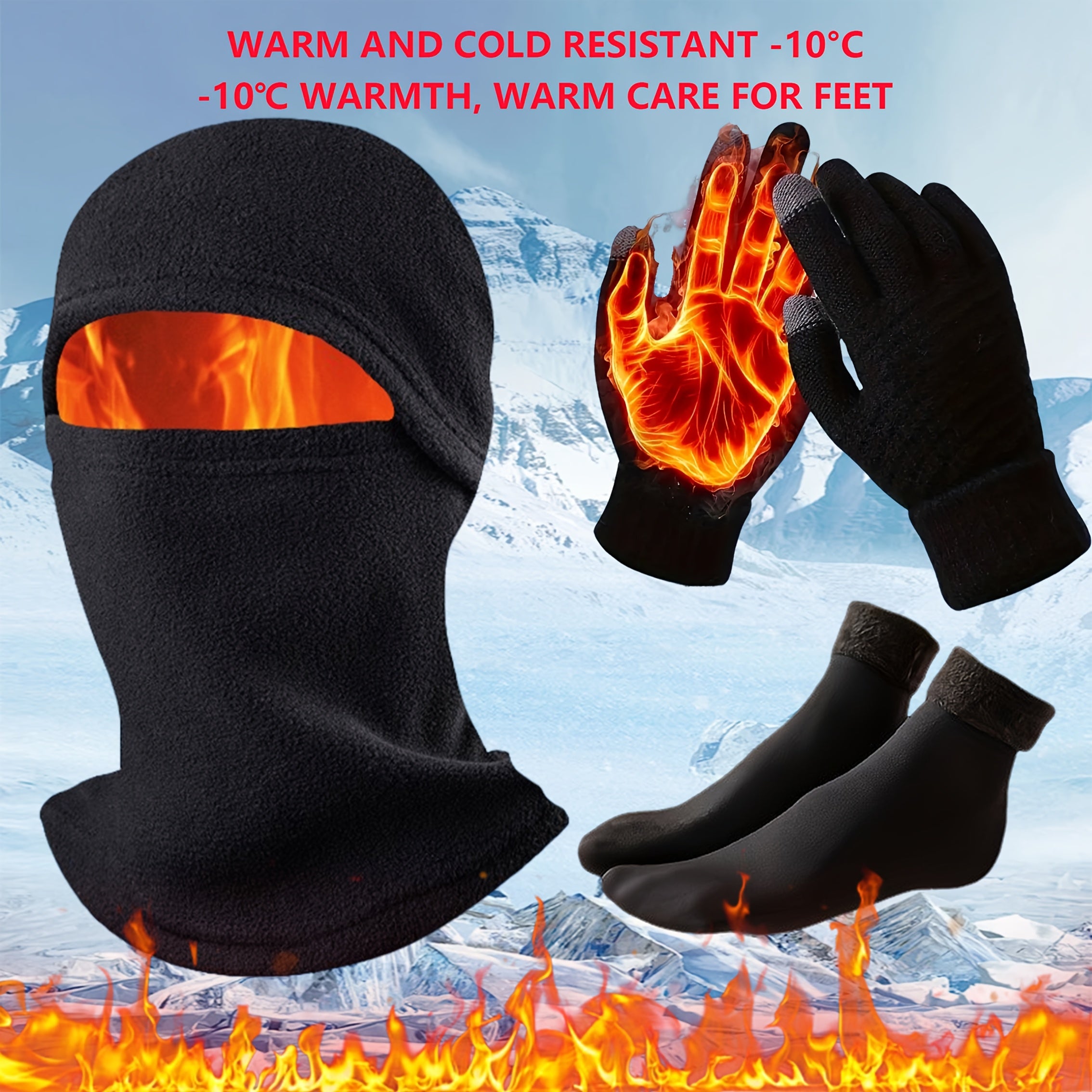 TEMU 3pcs Autumn-winter Coldproof Windproof Set With Balaclava Hat, Touchscreen Gloves, And Thick Fleece-lined Snow Socks