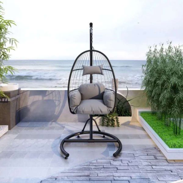 US Stock Hammock Patio Wicker Thick Egg Chair With Cushion Mat Outdoor Indoor Hanging Swing Chairs Hw-001Bk-Ge