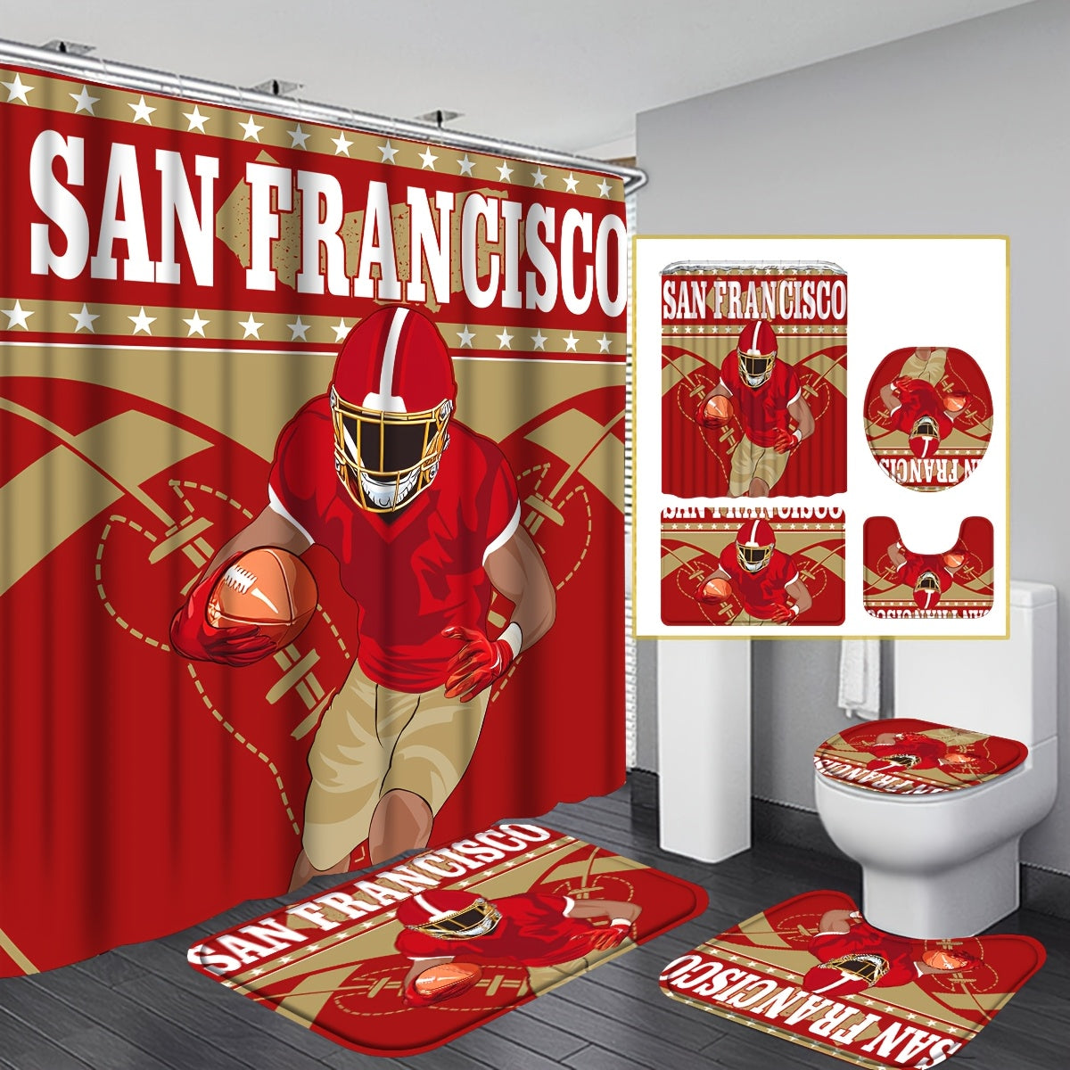 TEMU 4pcs Cool San Francisco Football Team Shower Curtain Set Gifts For Lovers, San Francisco City Themed Shower Curtain With 12 Hooks, Non-slip Bath