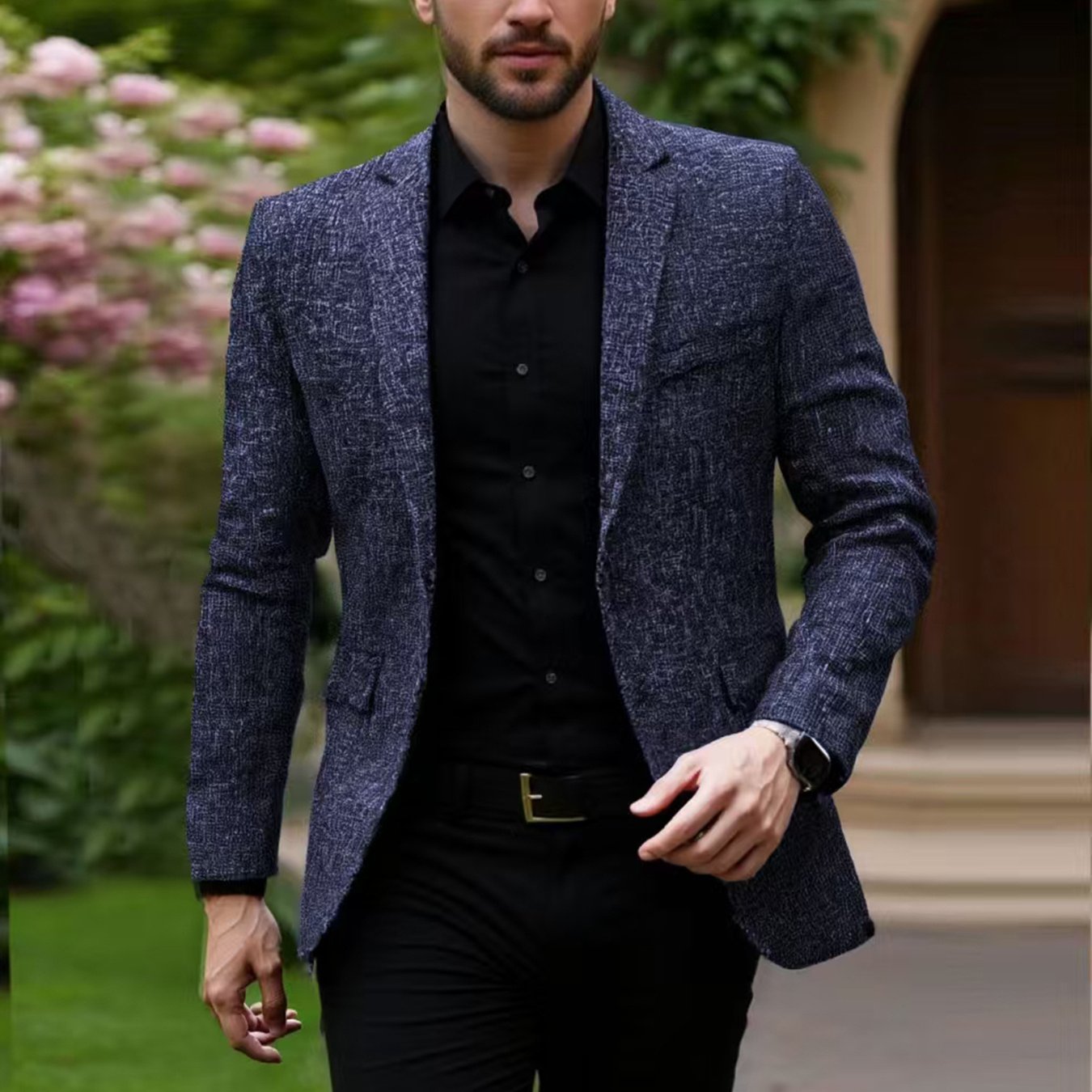 TEMU 2025 Men's Stylish Black Blazer With Textured Pattern - Casual Lapel Collar, Skinny Fit, Business & Professional Attire, Fall & Spring Fashion,
