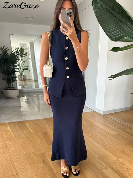 Elegant Solid Knit Vest Skirts Suits Women Slim O-neck Sleeveless Single Breasted Vests Hip Package Skrit Spring Lady Sets 250109