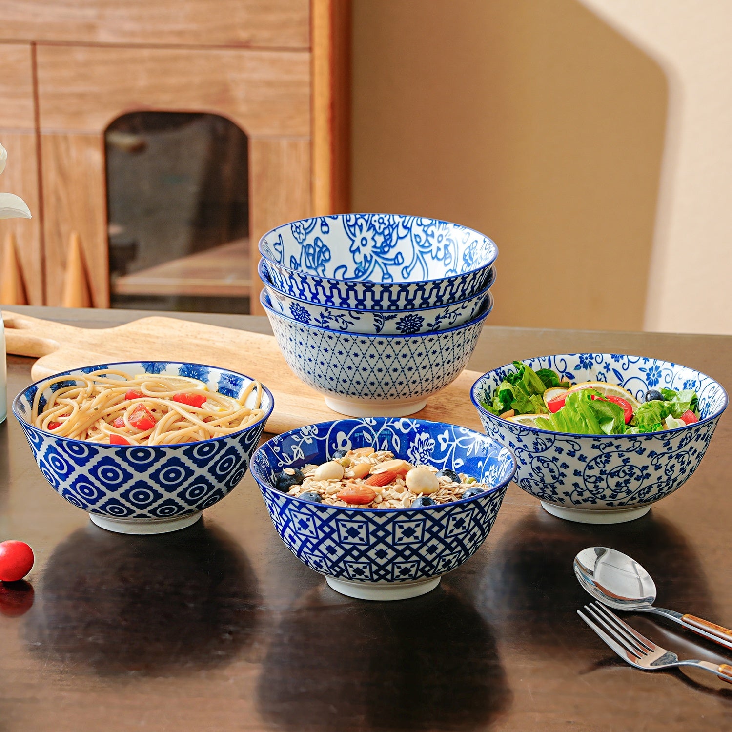 TEMU 6pcs, 24 Ounce Ceramic Soup Bowls Set, Porcelain Deep Cereal Bowl, 6 Inch, Large Kitchen Dinner Bowl For Eating Salad, Pasta, Dessert, Noodle,