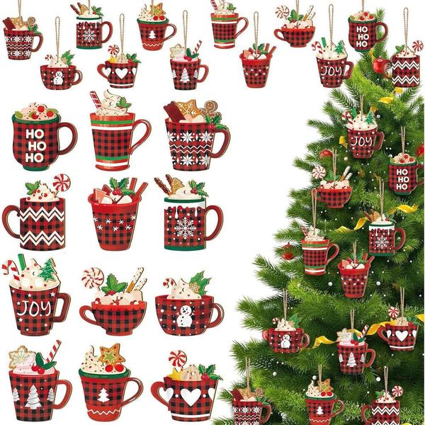 Christmas Hot Cocoa Wood Ornaments With Ropes Christmas Hanging Decorations Red Coffee Cup Decorations Coffee Bar Decorations Christmas Tree