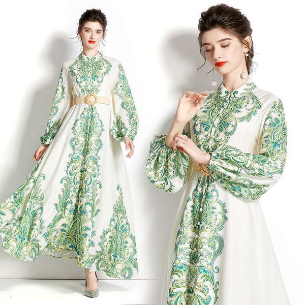 Womens Spring Elegance Sleeved Vacation Stand Up Neck Single Breasted Palace Style Printed Wide Swing Long Dress Bifurcated Loose Oversize D