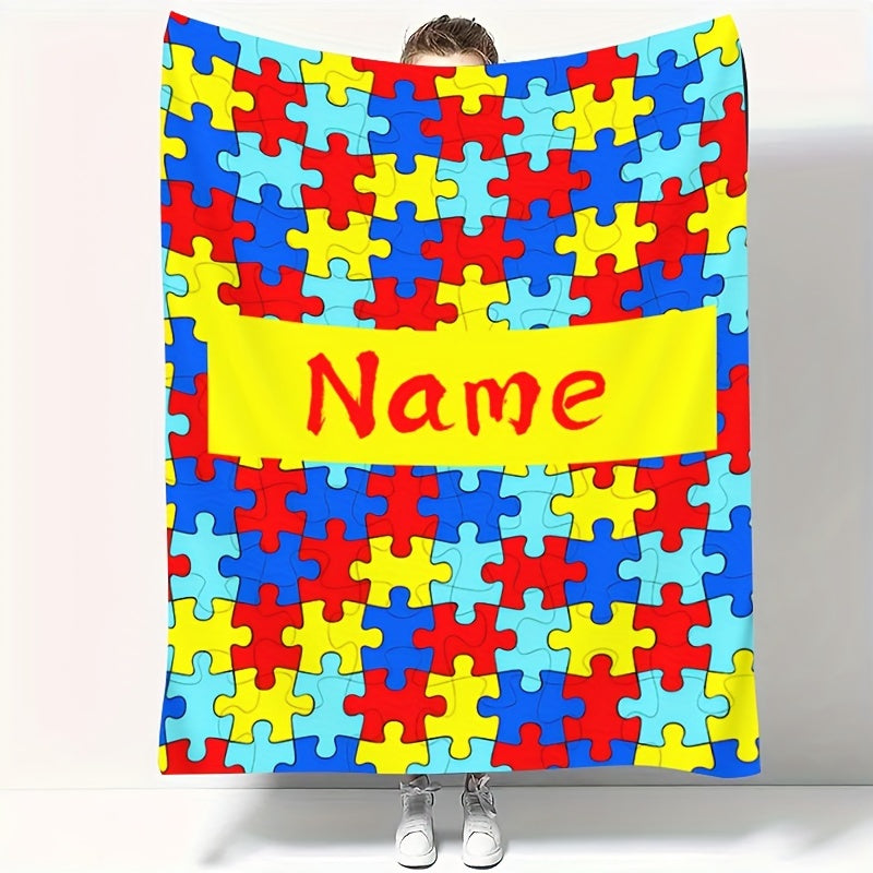 TEMU Customizable Soft Plush Blanket With Personalized Name - Puzzle Design, Allergy-friendly For Couch, Office, Camping, Bedding, Puzzle Pattern