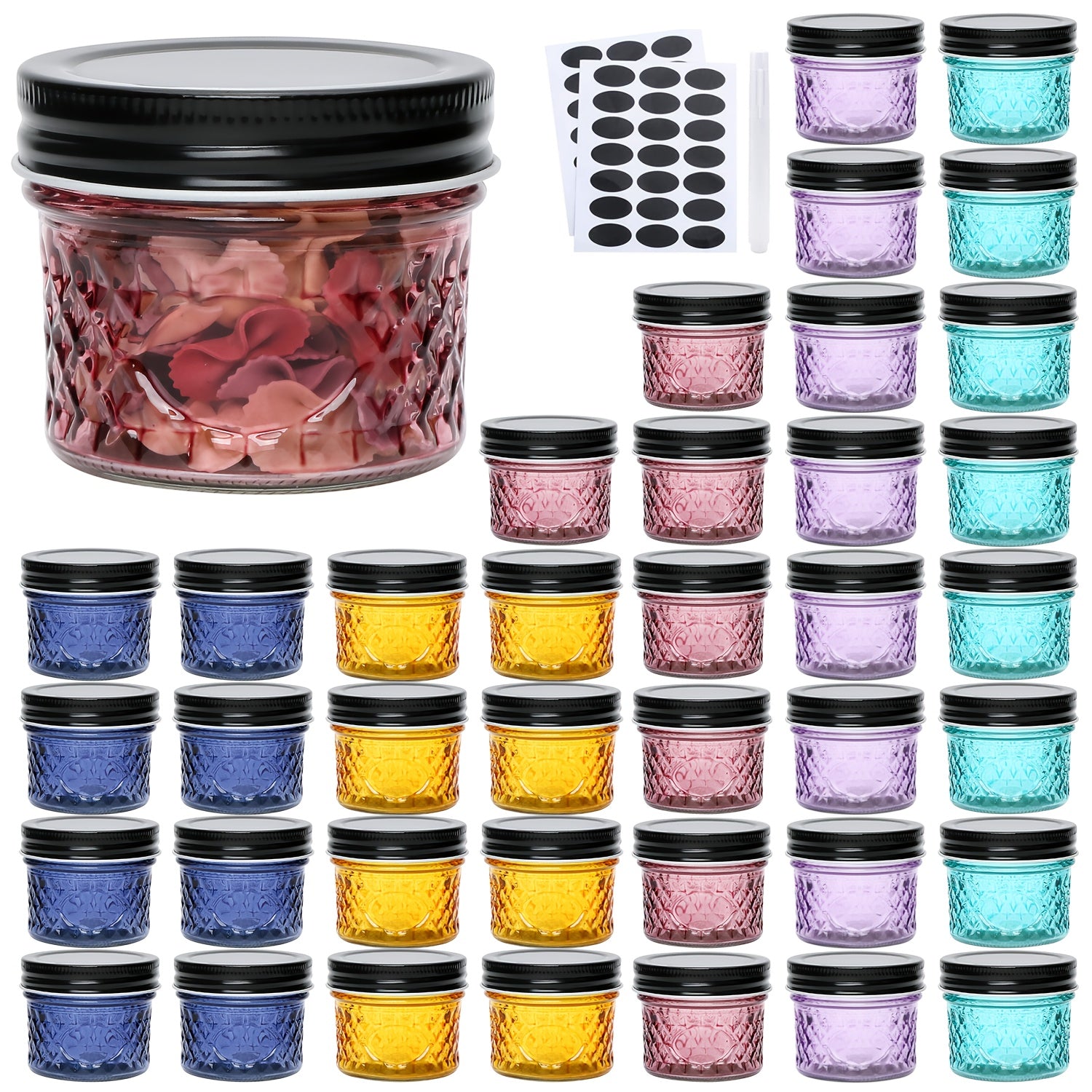 TEMU 4oz 40pcs Colorful Wide Mouth Mason Jars With Black Lids, Reusable Glass Containers For Canning, Pickling Juice, Jam, Jelly - Round Spiral