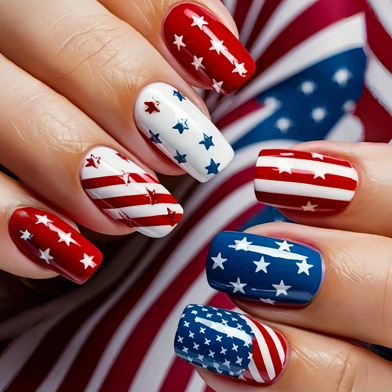 TEMU 48pcs Medium Square Patriotic Nail Stickers - Red White & , Detachable Glossy Finish Nail Art For , Parties, Daily Wear - Affordable Gift For