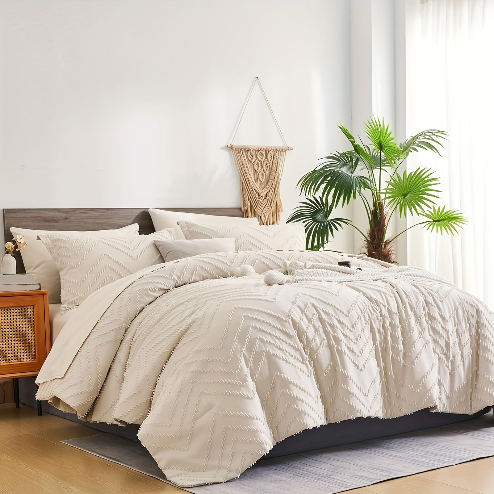 TEMU 7pcs Chevron Boho Shabby Chic Farmhouse Comforter Set, Tufted Bed In A Bag Queen And King Size, Soft Microfiber Lightweight Bedding Set For All